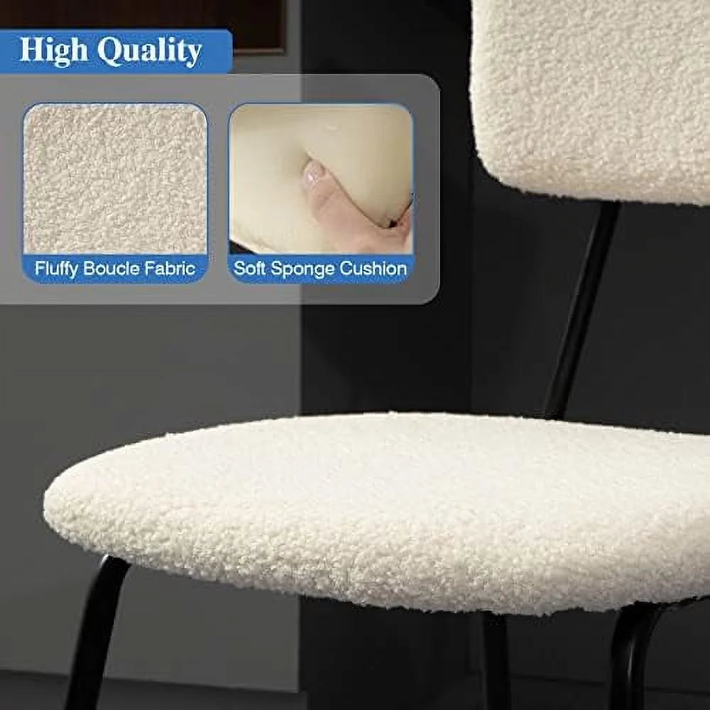 White Boucle Fabric Dining Chairs Set of 4 with Metal Legs E611