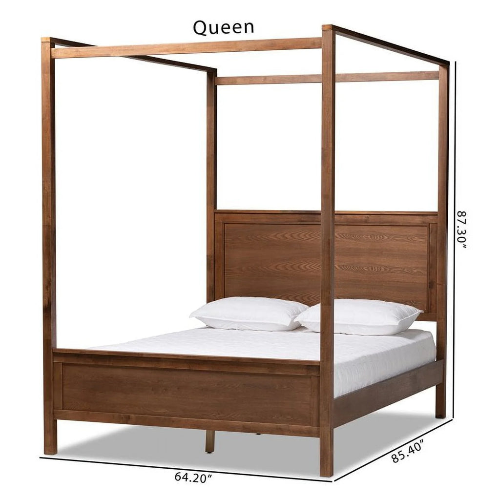 Queen Size Walnut Finished Wood Canopy Bed D577917