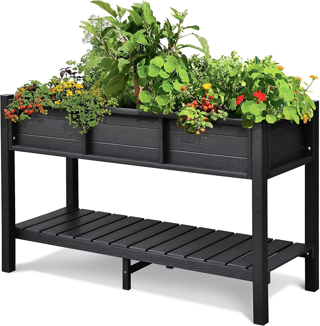 Black Elevated Raised Garden Bed Planter Box with Legs & Shelf Z463302