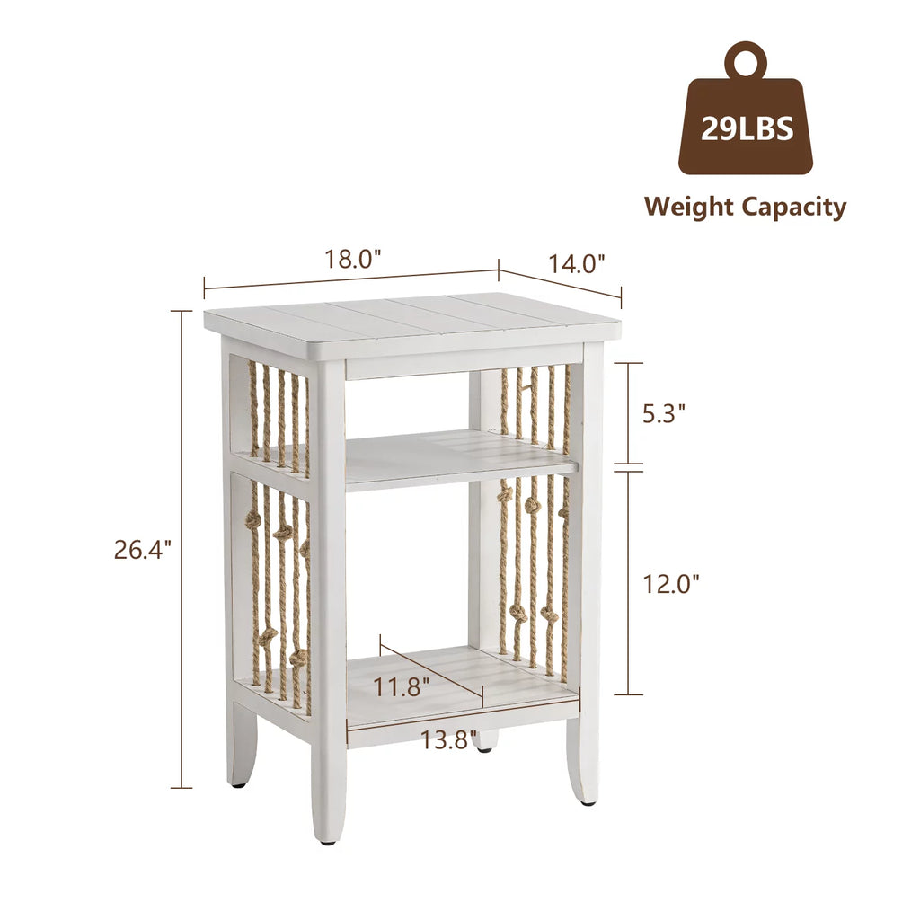 White 3-Tier MDF Side Table with Hemp Rope A697
