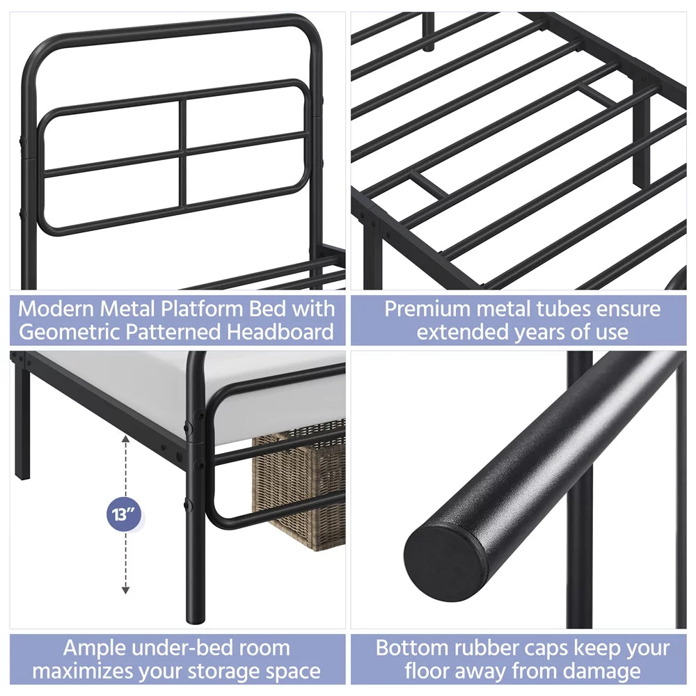 Black Twin Metal Platform Bed with Geometric Patterned Headboard Y850