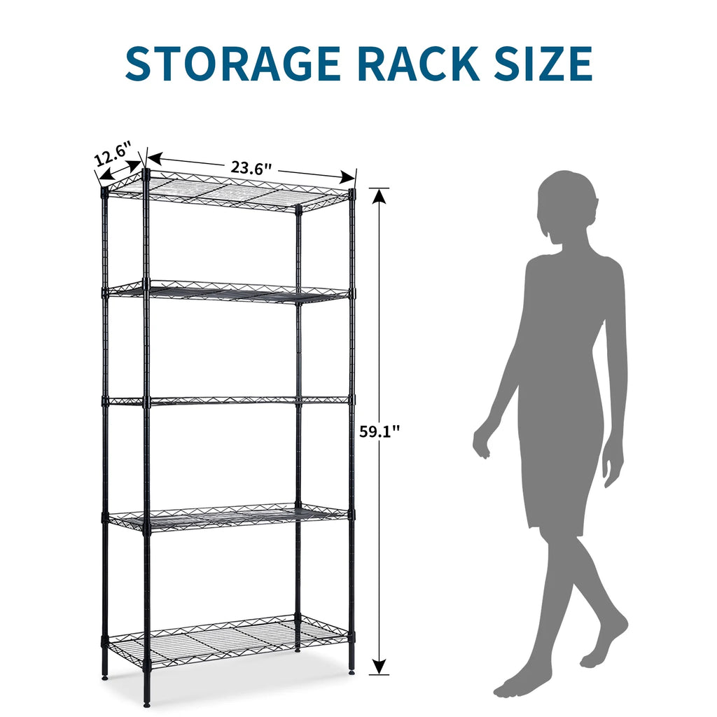 5-Shelf Metal Storage Rack, 24"x 60"x 13" Wire Shelving Unit, Black L584838