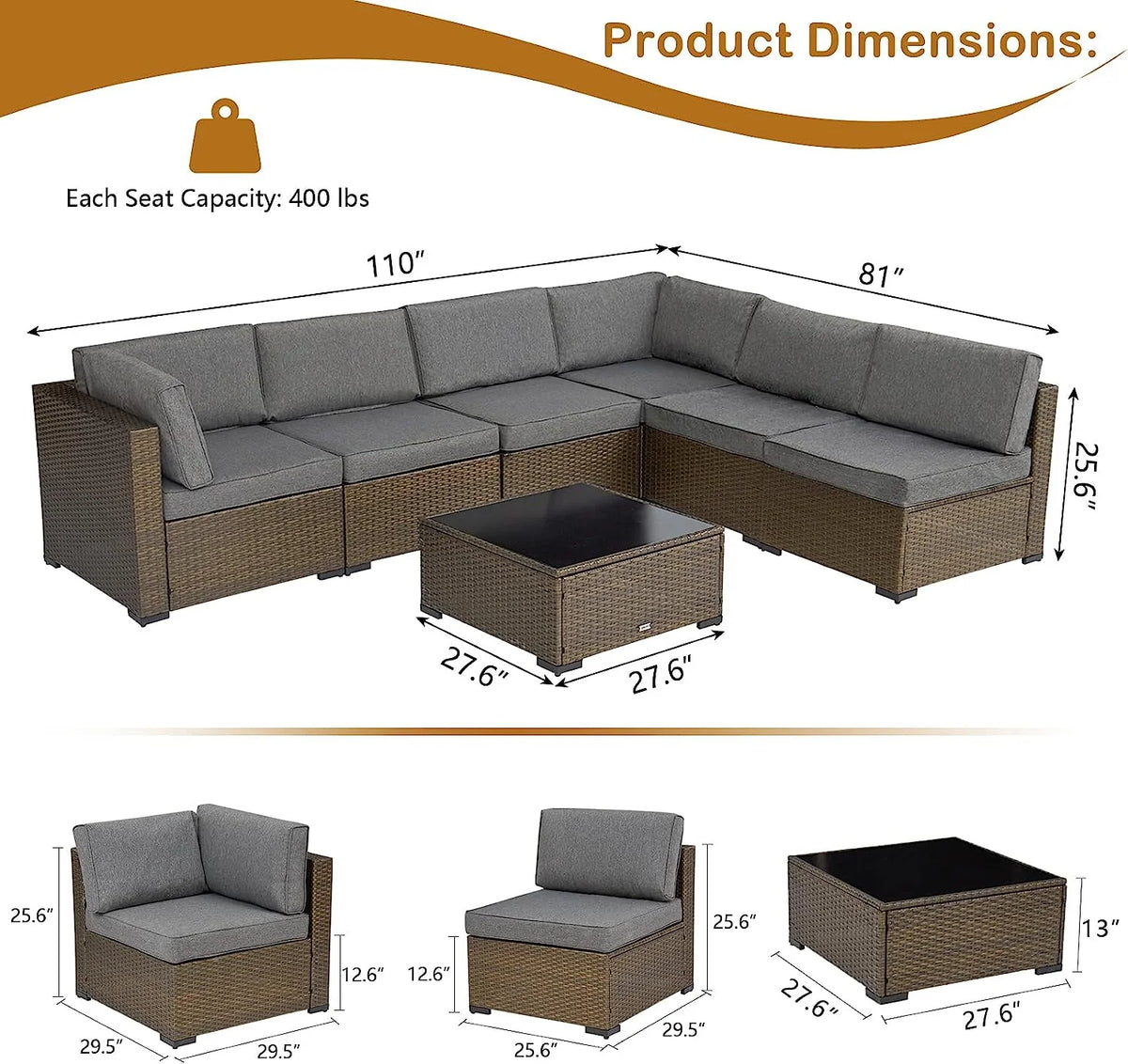 7pcs Wicker Sectional Sofa with Cushions W244
