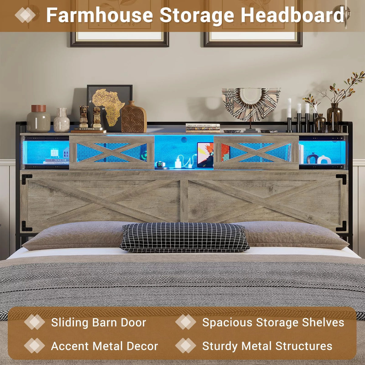 Queen Size Metal Platform Bed Frame with Storage Headboard E483194