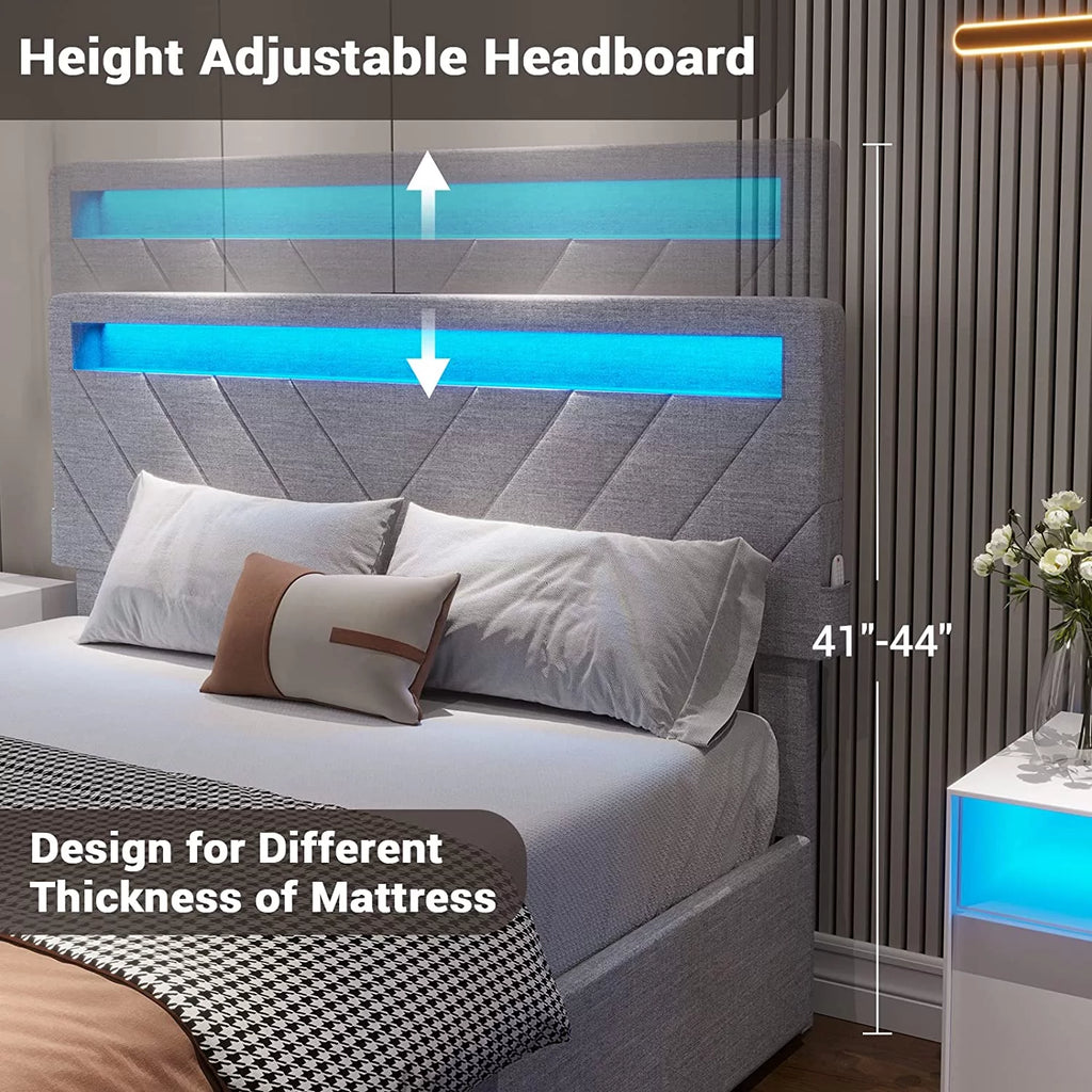 Full Bed Frame with LED Lights Headboard, USB Charging Station and 4 Drawers Q7584