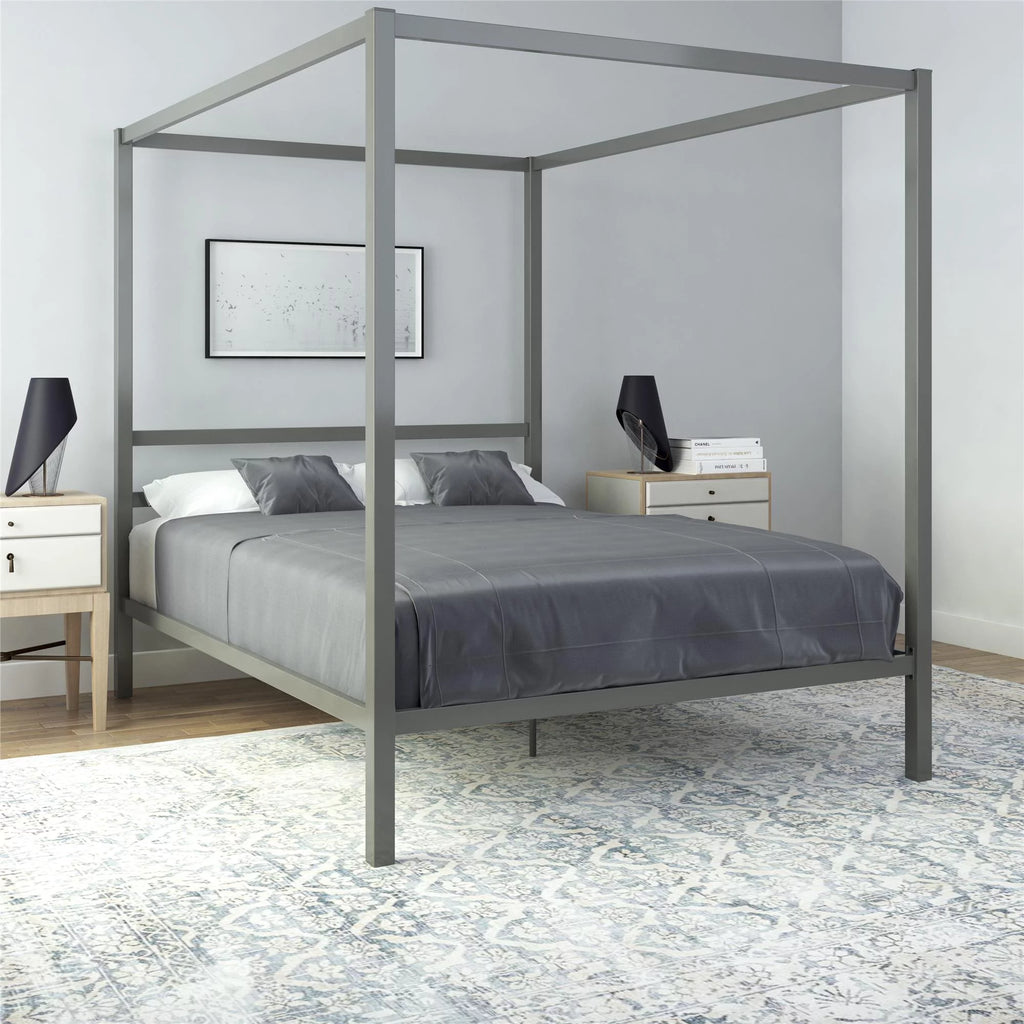 Queen Gunmetal Gray Metal Canopy Poster Bed H24446
