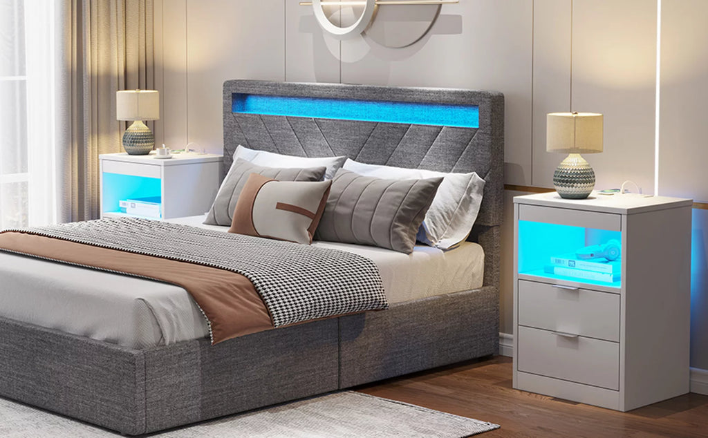 Set of 2 Black LED Nightstand with Wireless Charging Station & 2 Drawers A223558