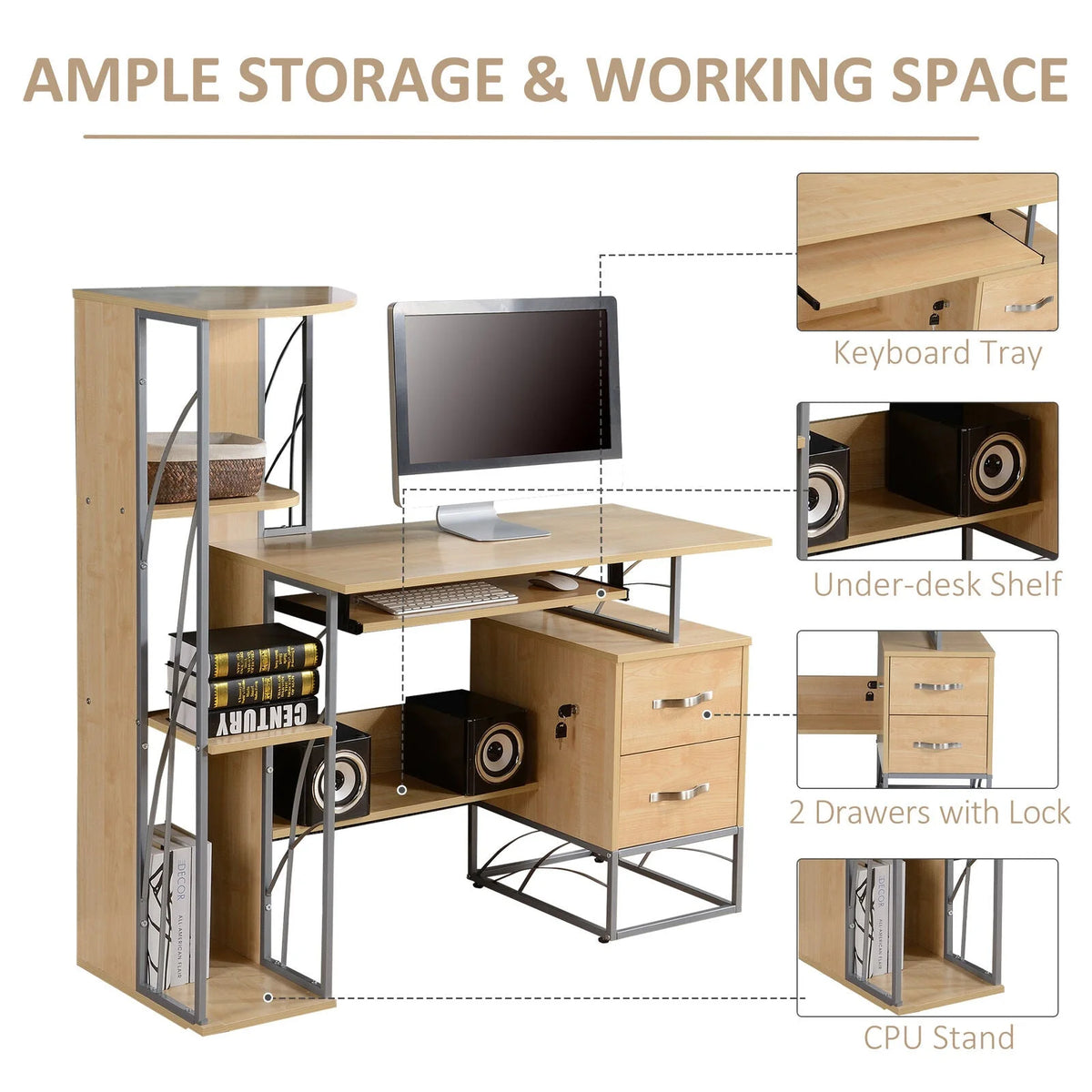 Natural Computer Desk with 4-Tier Bookshelf N168