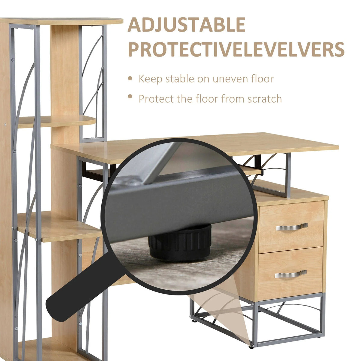 Natural Computer Desk with 4-Tier Bookshelf N168