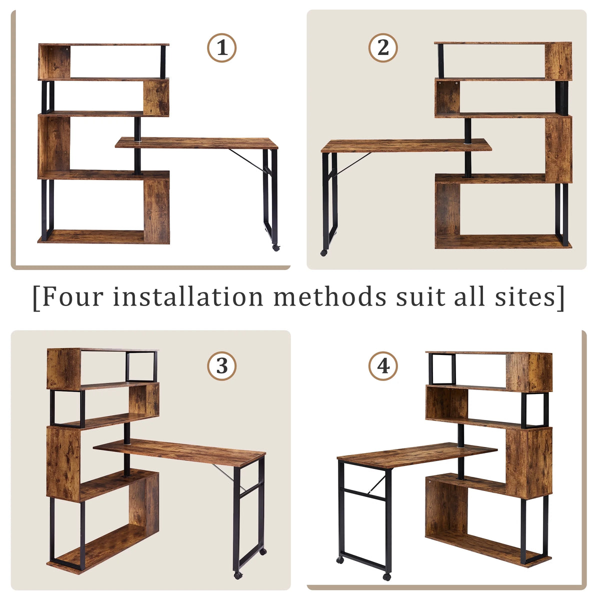 L-Shaped Corner Computer Desk with 5-Tier Bookshelf E93163