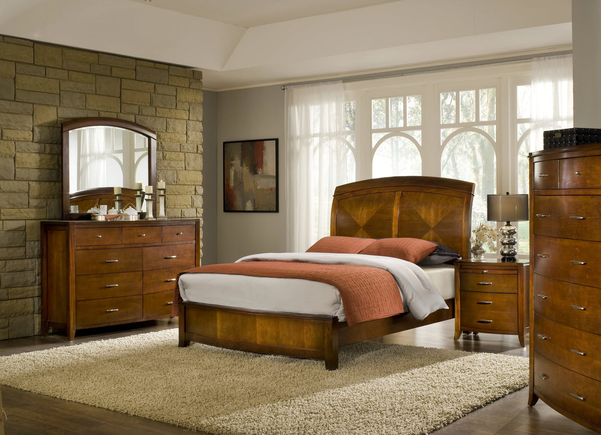 Cal King Bed, 2 Nightstand, Dresser & Mirror Set in Mahogany Spice M428804