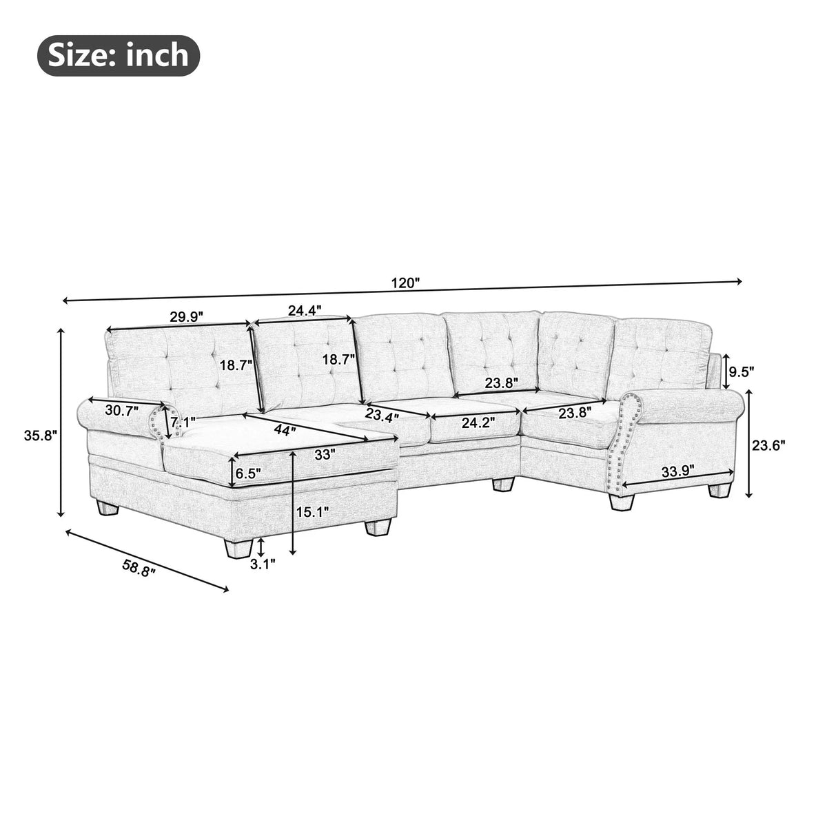 120" U-Shaped Linen Sectional Sofa H36384