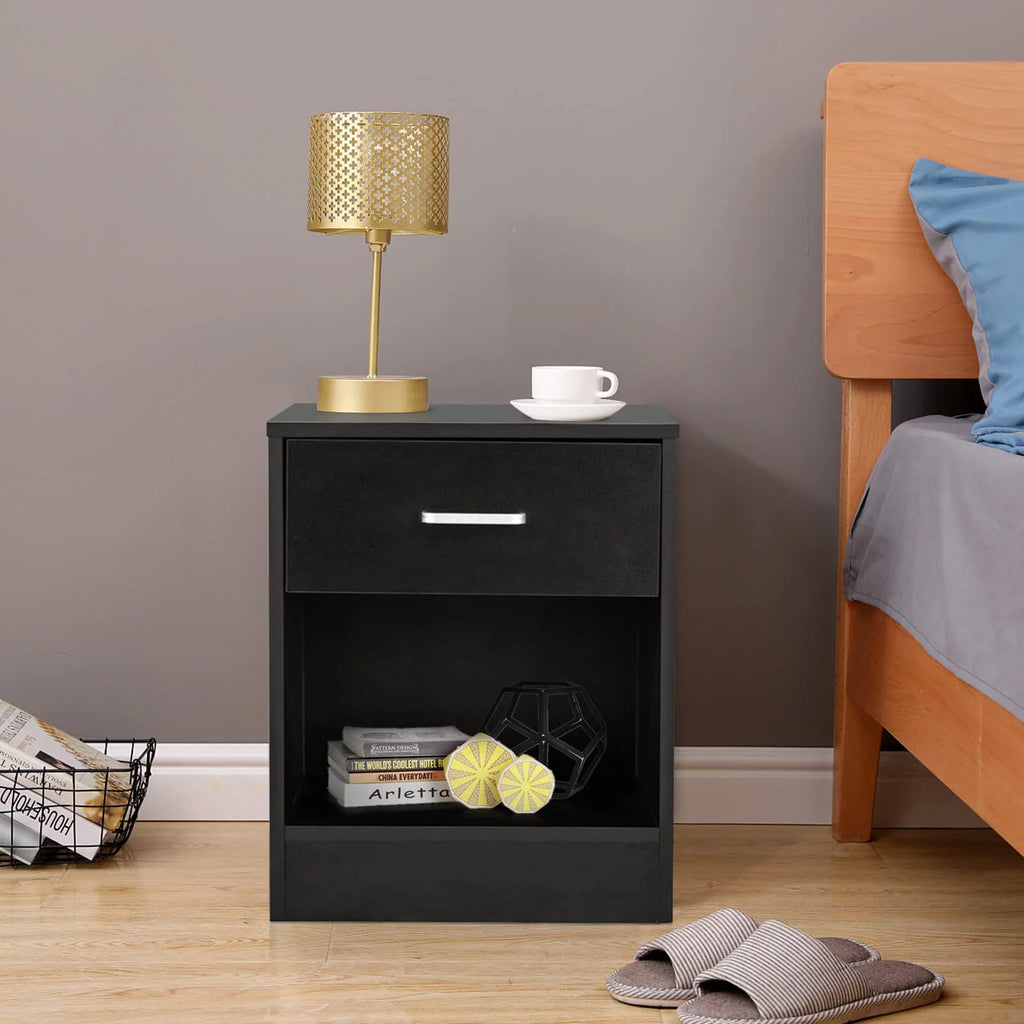Set of 2 Black Wood Nightstand with Drawer V993