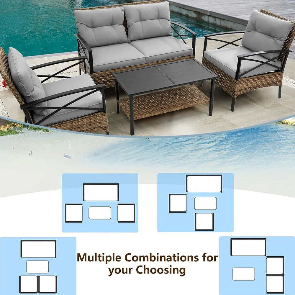 4 Pieces All-Weather PE Rattan Patio Sofa Set with Coffee Table N871