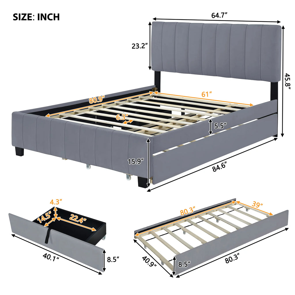 Queen Size Velvet Upholstered Platform Bed with 2 Storage Drawers and Trundle M14657
