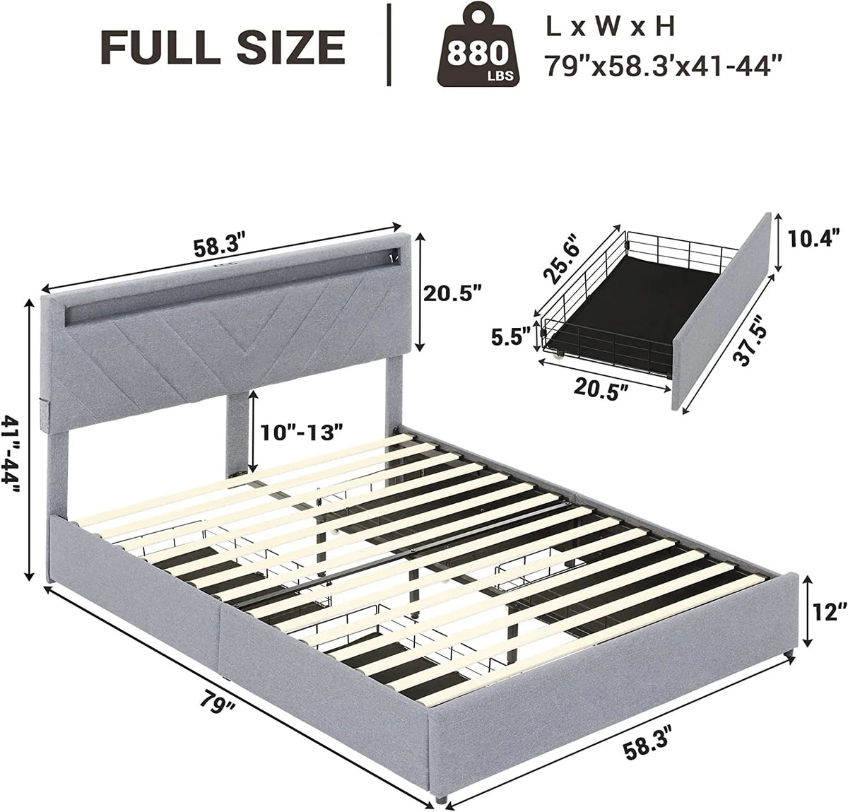 Full Bed Frame with LED Lights Headboard, USB Charging Station and 4 Drawers Q7584