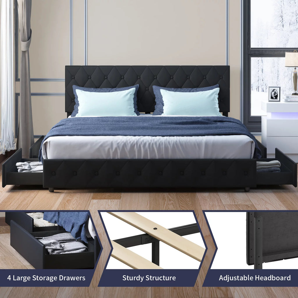 King Size Upholstered Platform Bed Frame with 4 Storage Drawers A308