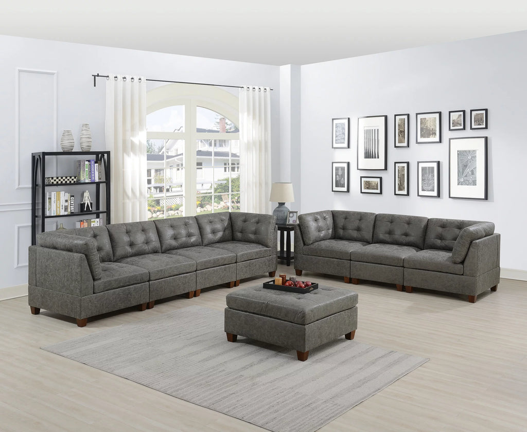 Antique Grey 8Pc Modular Sofa Set Leatherette Tufted Couch Q12229