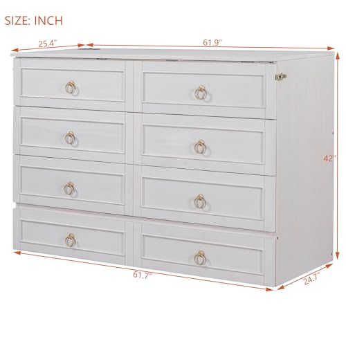 Queen Murphy Bed with Storage Drawers and Charging Station, White R22068