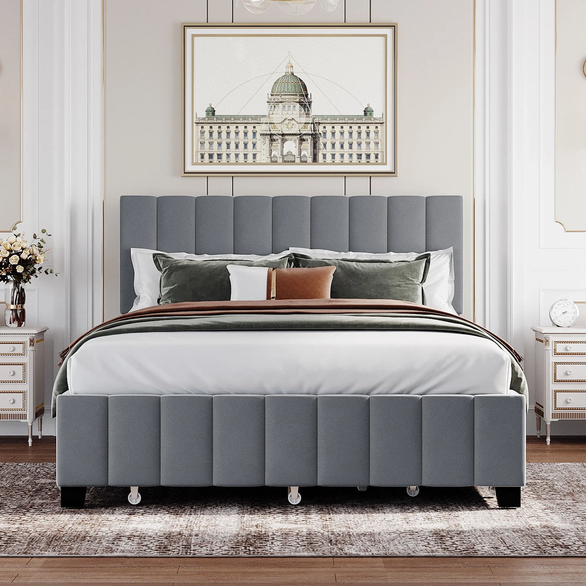 Queen Size Velvet Upholstered Platform Bed with 2 Storage Drawers and Trundle M14657