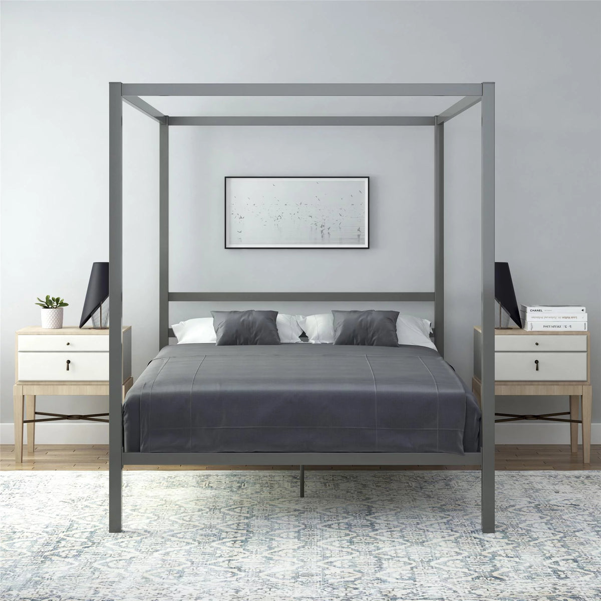 Queen Gunmetal Gray Metal Canopy Poster Bed H24446